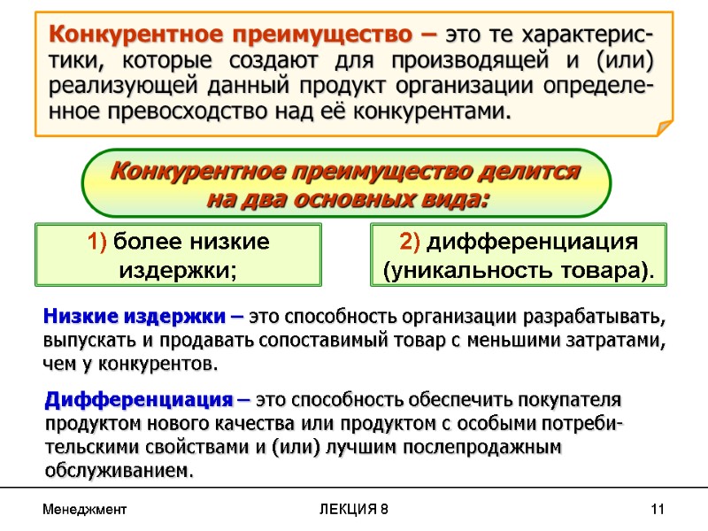 Менеджмент ЛЕКЦИЯ 8 11 Конкурентное преимущество делится  на два основных вида: 1) более